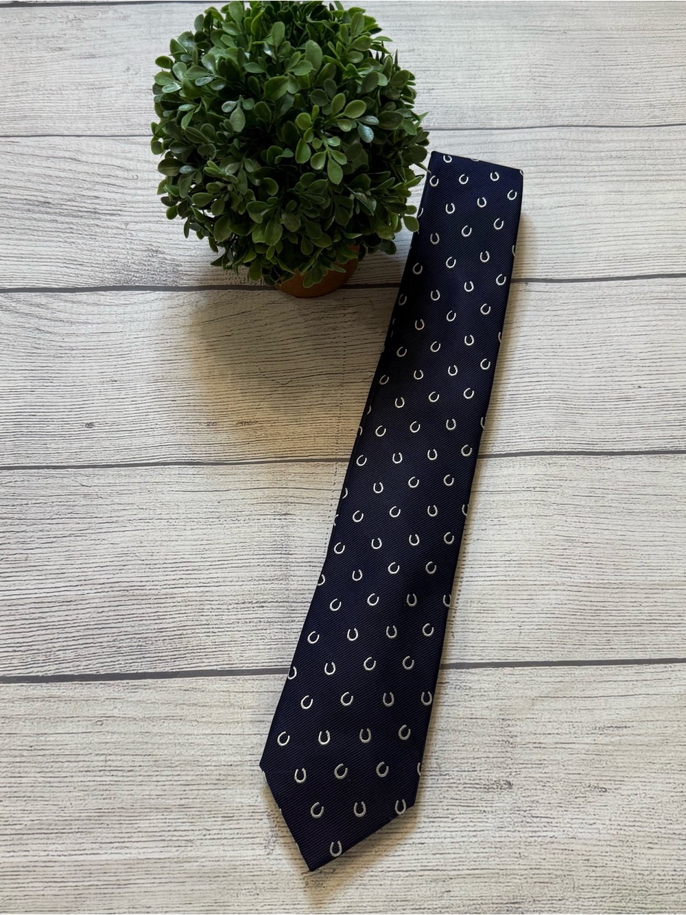 Men's Navy Rooster Tie with Silver Horseshoe Pattern